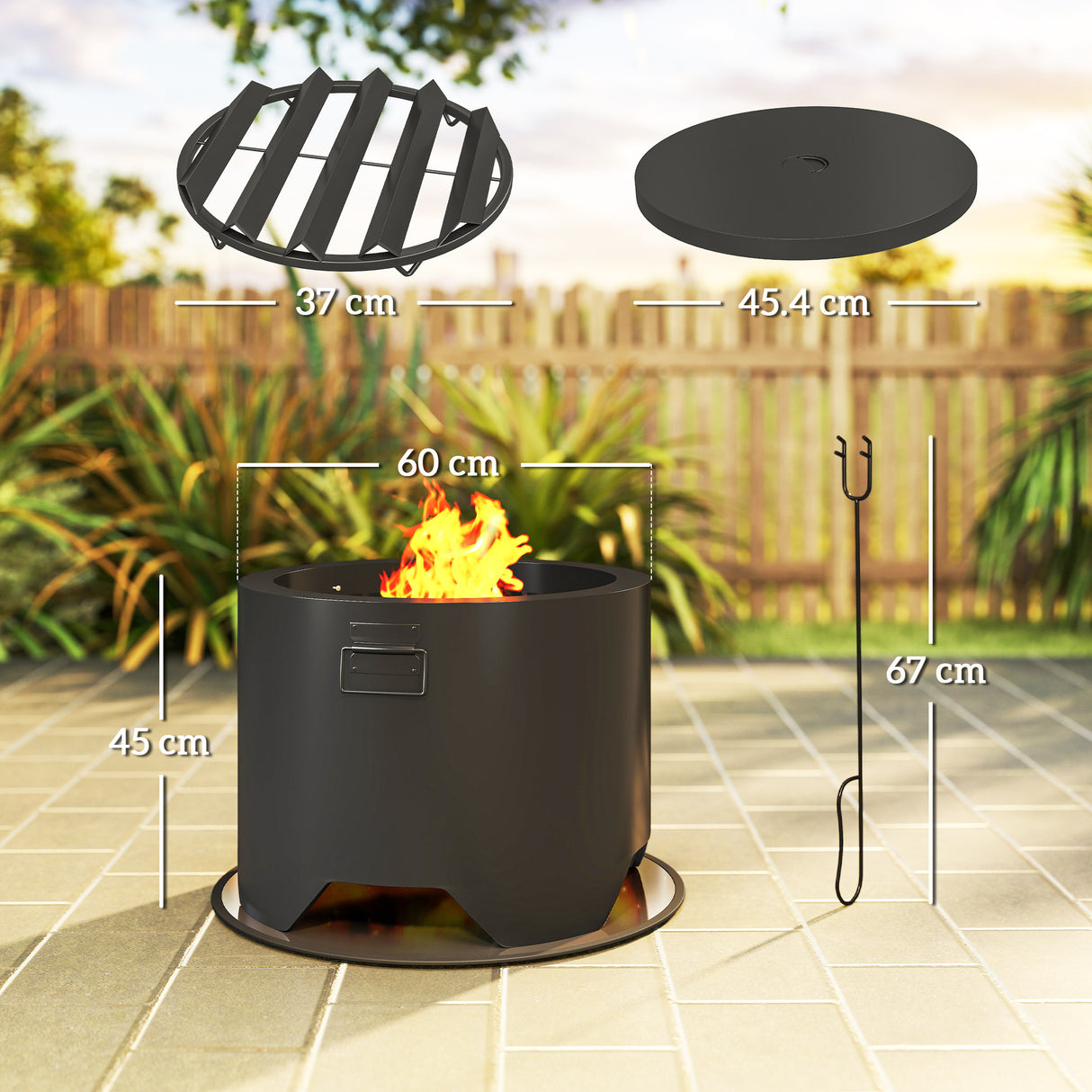 Metal Round Fire Pit With Lid And Fire Poker - Velmora