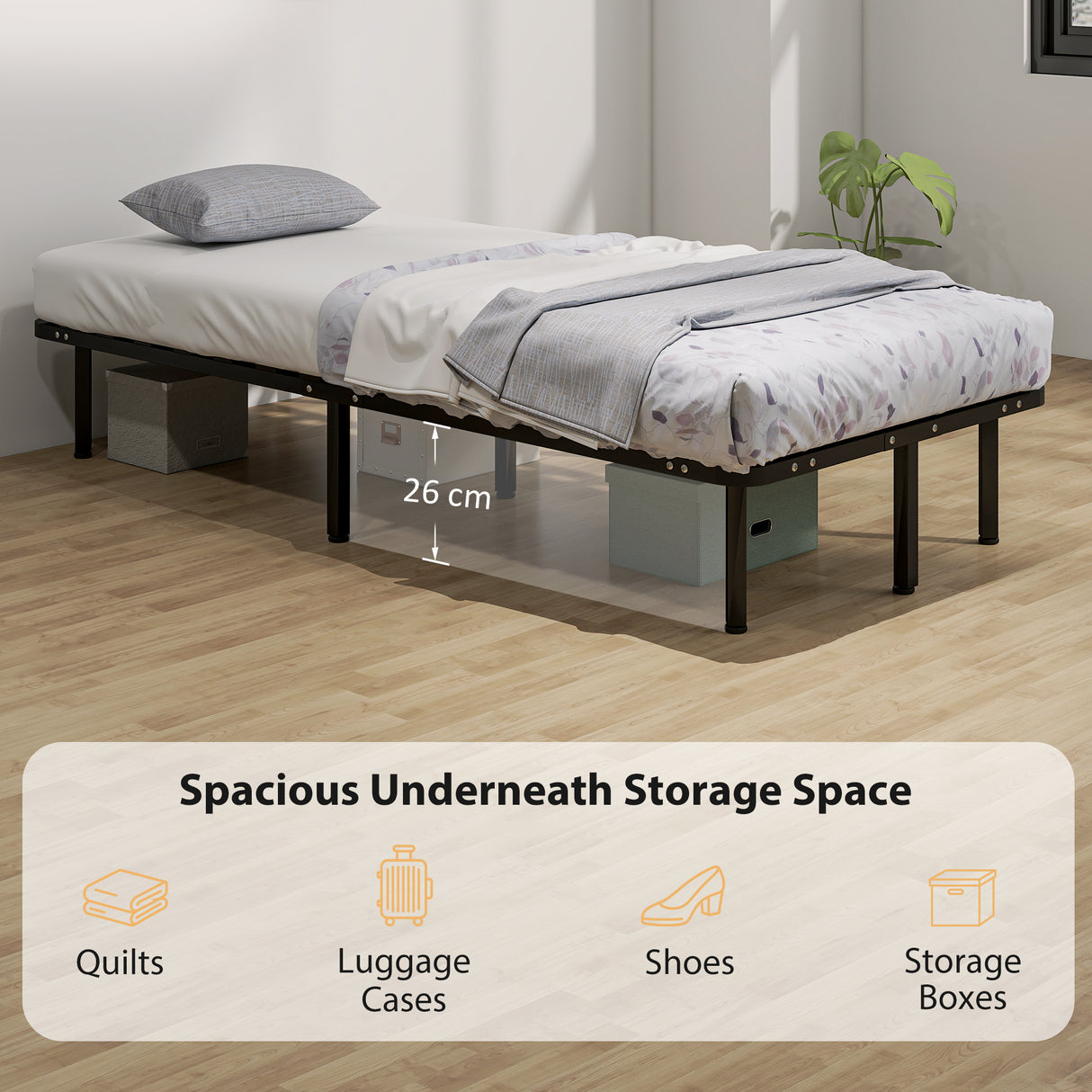 Metal Single Bed 90cm Wide With 28 Wooden Slats - Velmora