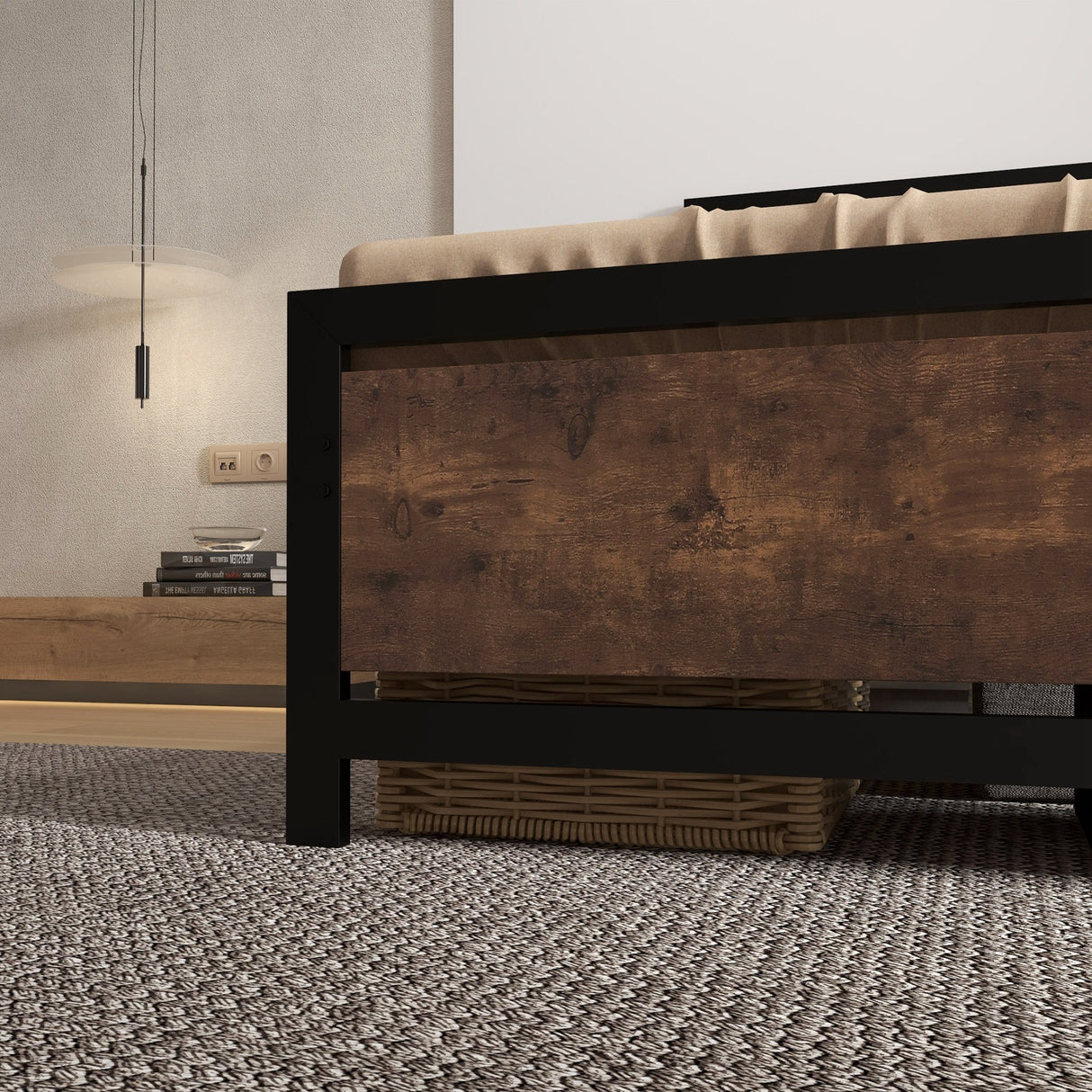 Metal Single Bed 97cm Wide With Wooden Headboard - Velmora