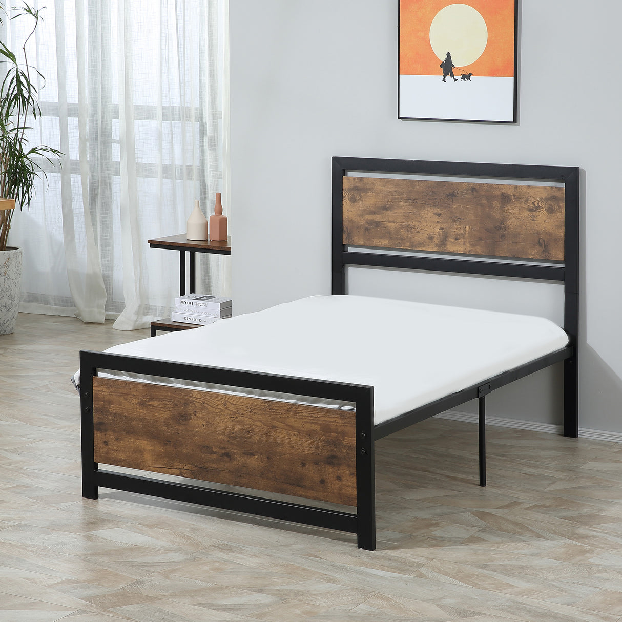 Metal Single Bed 97cm Wide With Wooden Headboard - Velmora