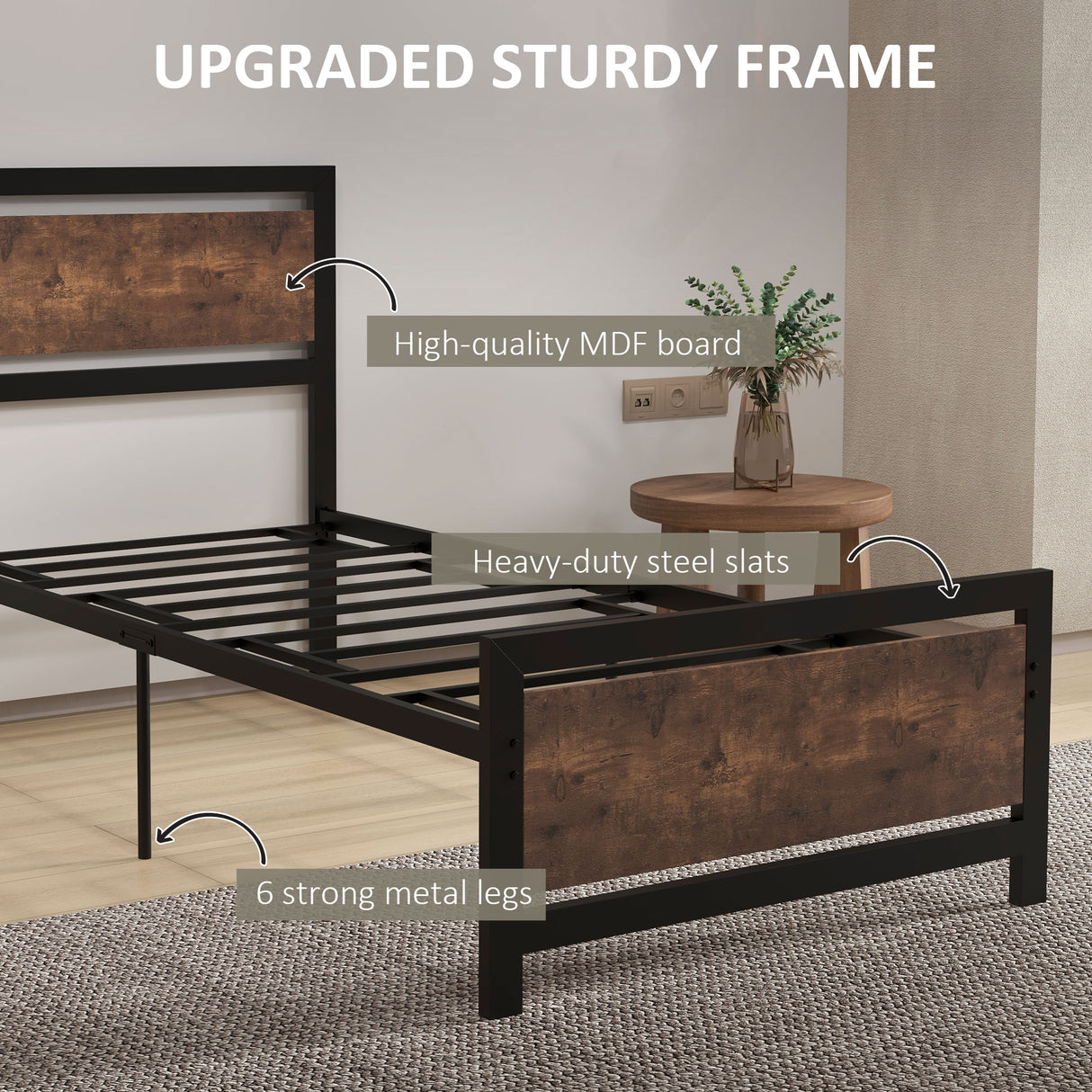 Metal Single Bed 97cm Wide With Wooden Headboard - Velmora