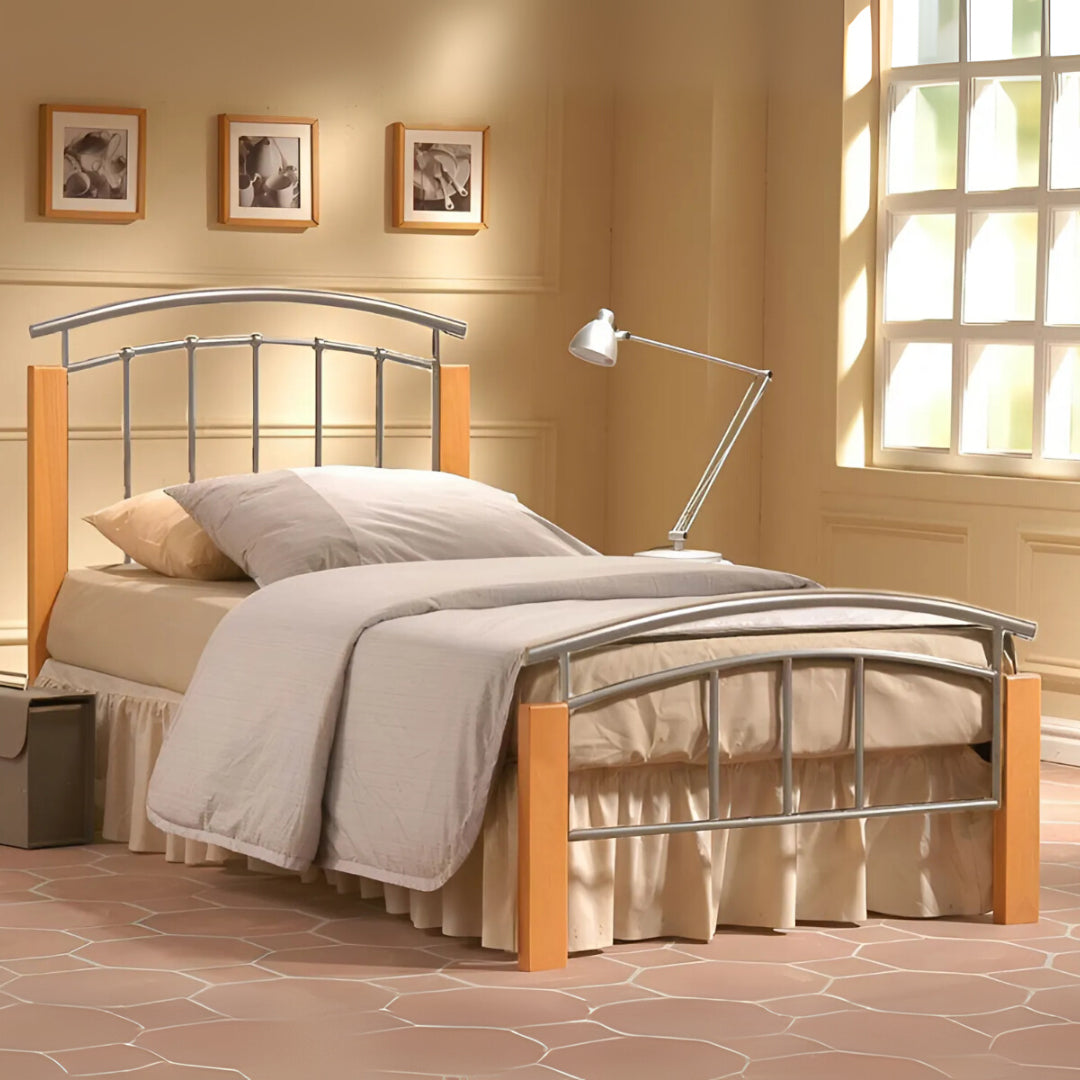 Metal Single Bed With Wooden Posts - Tetras