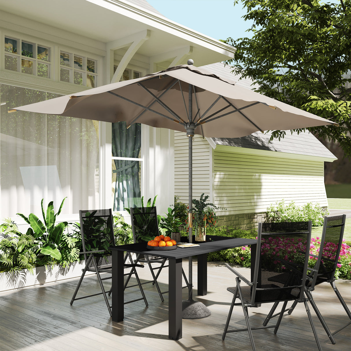 Metal Slatted Top Outdoor Garden Dining Table for 6 People With Parasol Hole - Velmora