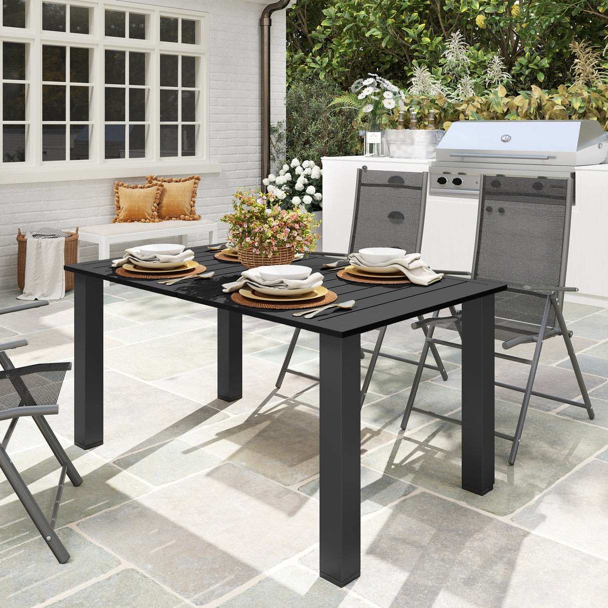 Metal Slatted Top Outdoor Garden Dining Table for 6 People With Parasol Hole - Velmora