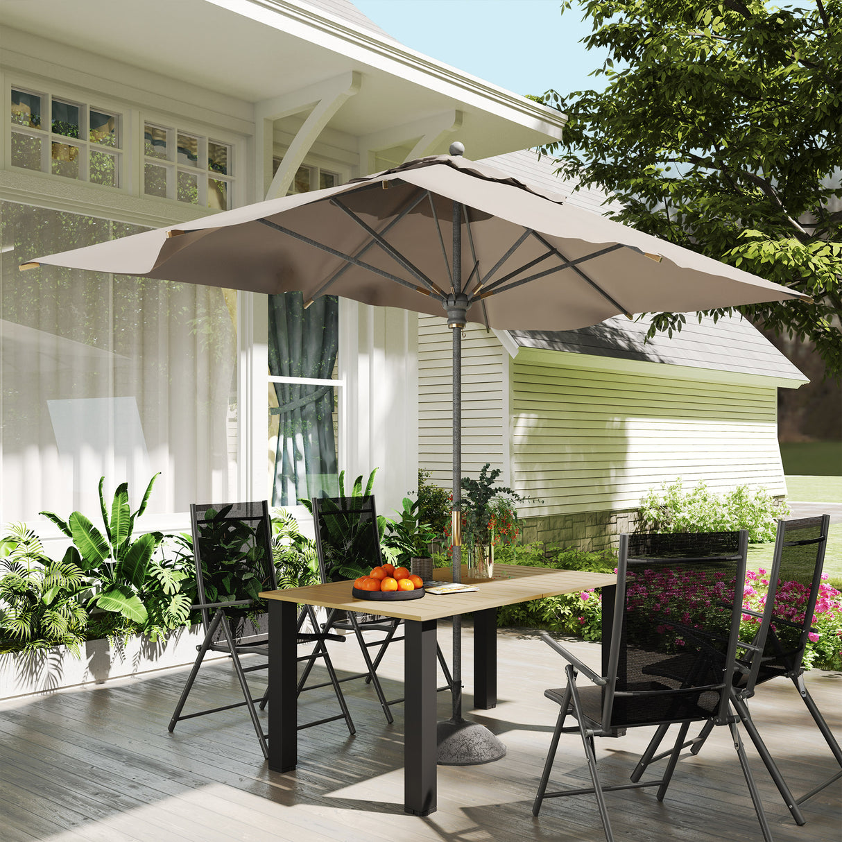 Metal Slatted Top Outdoor Garden Dining Table for 6 People With Parasol Hole - Velmora