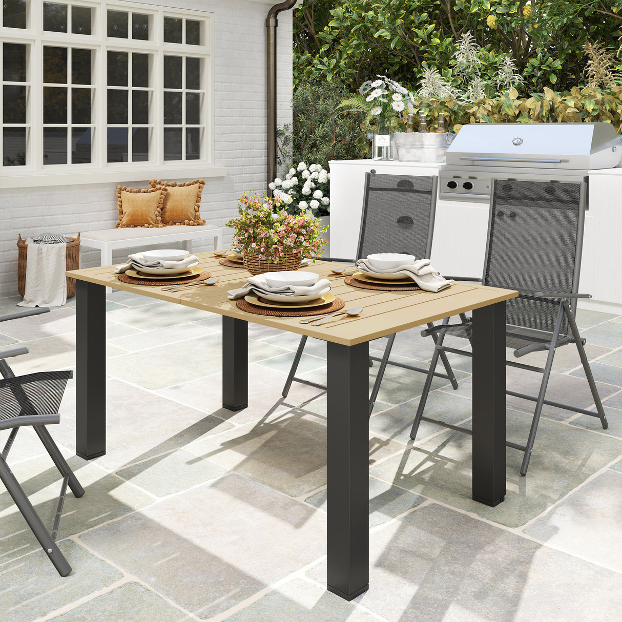 Metal Slatted Top Outdoor Garden Dining Table for 6 People With Parasol Hole - Velmora