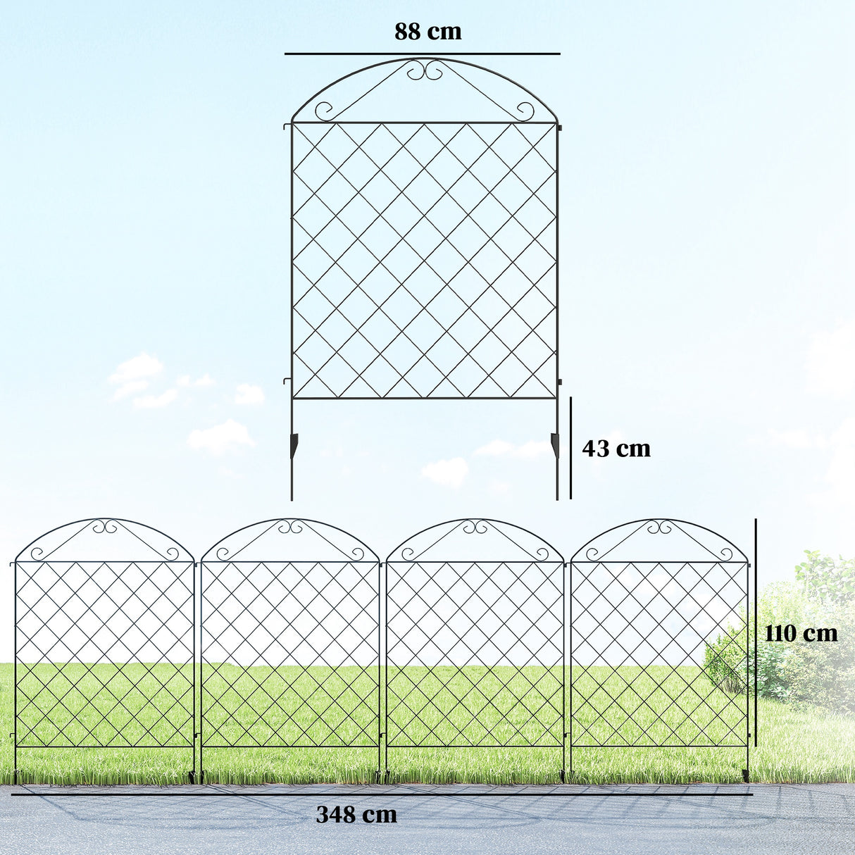 Metal Wire Picket Garden Fence Panels 348cm Wide in Set Of 4 - Velmora