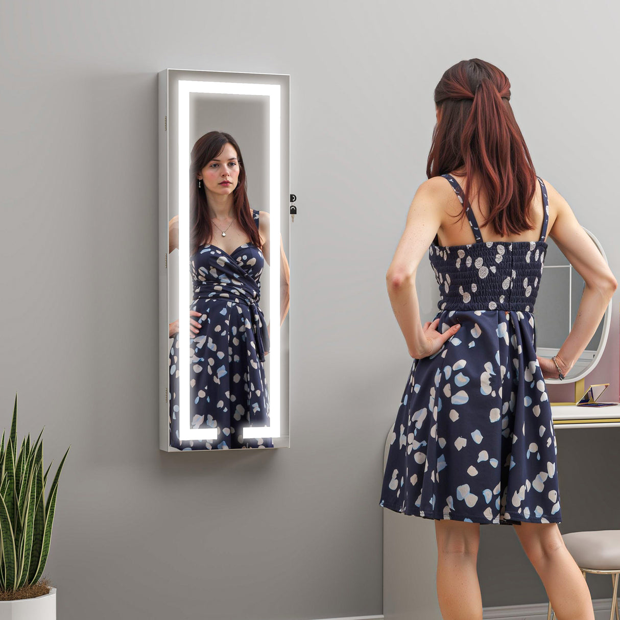 Mirrored Jewellery Storage Cabinet 37cm Wide Wall Hung Lockable With LED Lights - Velmora