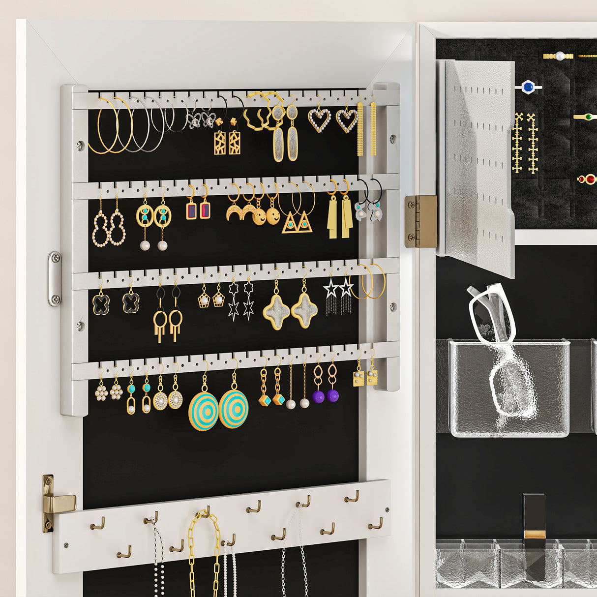 Mirrored Jewellery Storage Cabinet 37cm Wide Wall Mounted With LED Lights - Velmora