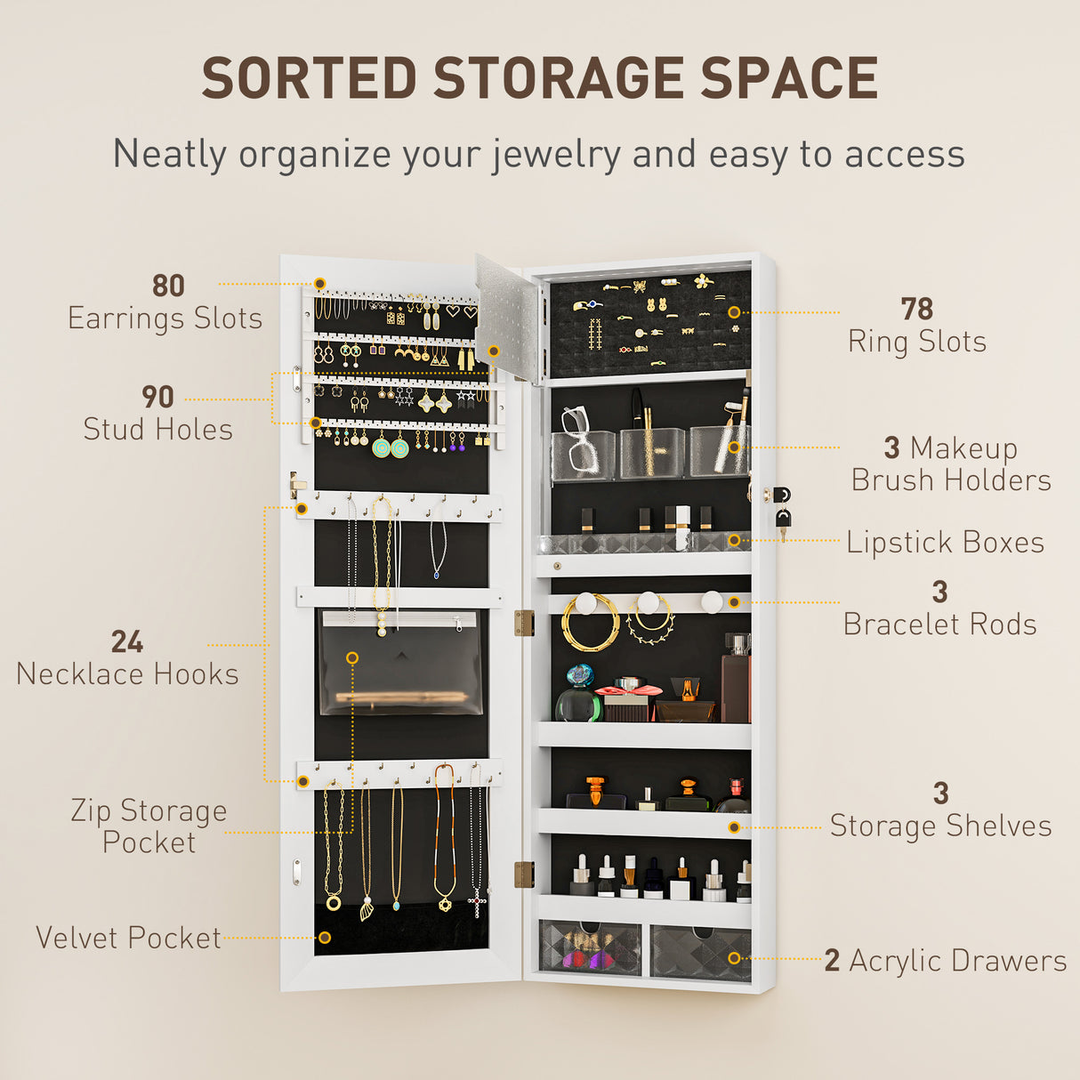 Mirrored Jewellery Storage Cabinet 37cm Wide Wall Mounted With LED Lights - Velmora