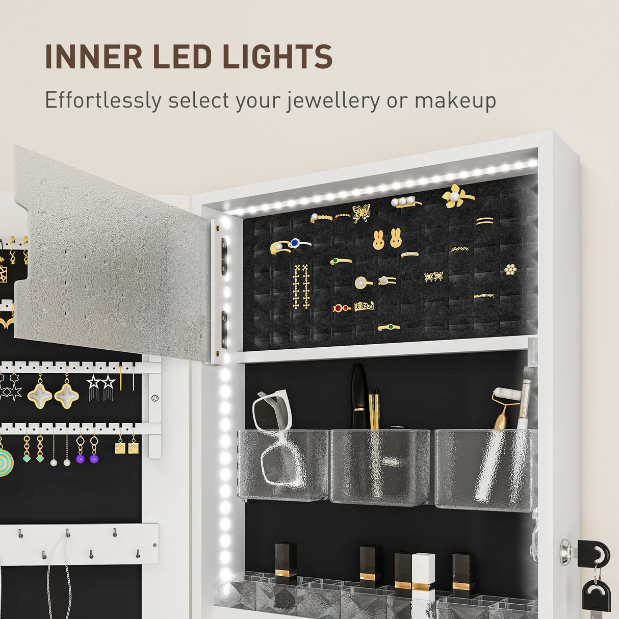 Mirrored Jewellery Storage Cabinet 37cm Wide Wall Mounted With LED Lights - Velmora
