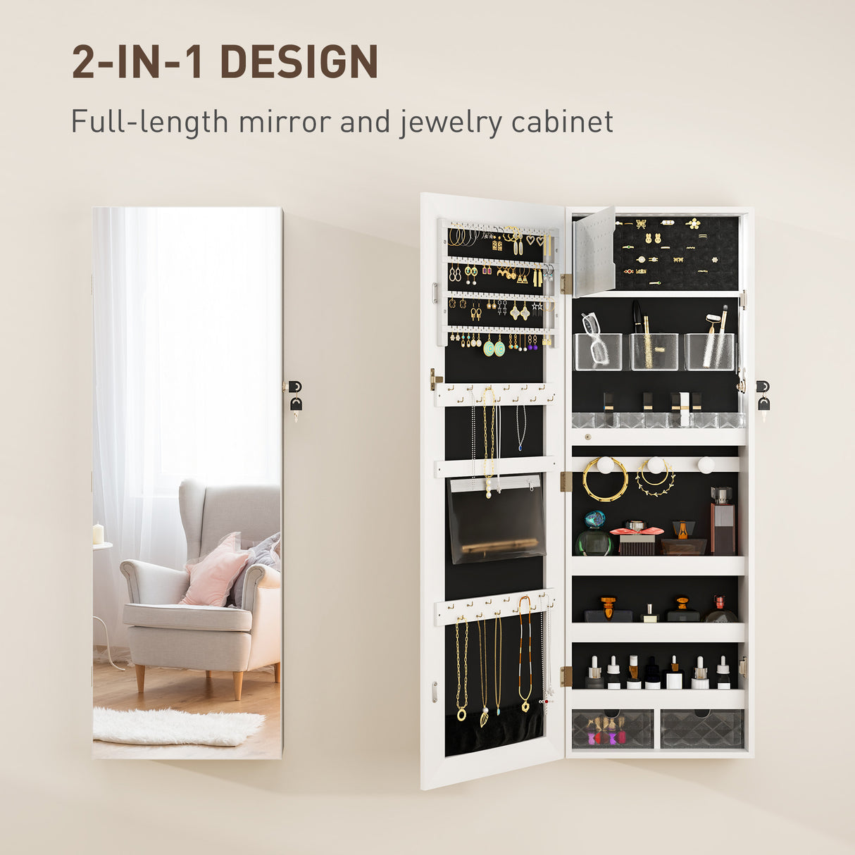 Mirrored Jewellery Storage Cabinet 37cm Wide Wall Mounted With LED Lights - Velmora