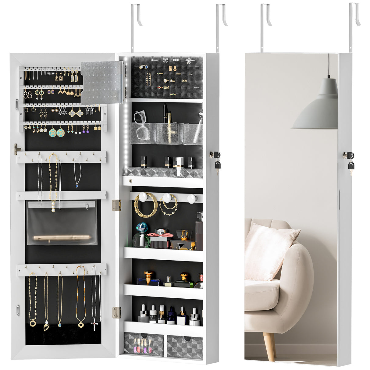 Mirrored Jewellery Storage Cabinet 37cm Wide Wall Mounted With LED Lights - Velmora
