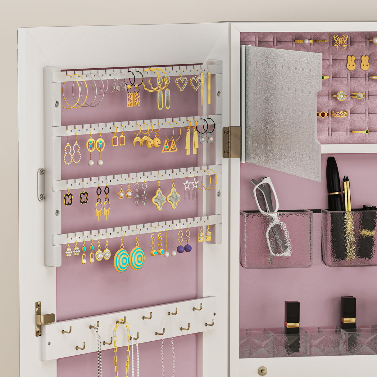 Mirrored Jewellery Storage Cabinet 37cm Wide Wall Mounted With LED Lights - Velmora