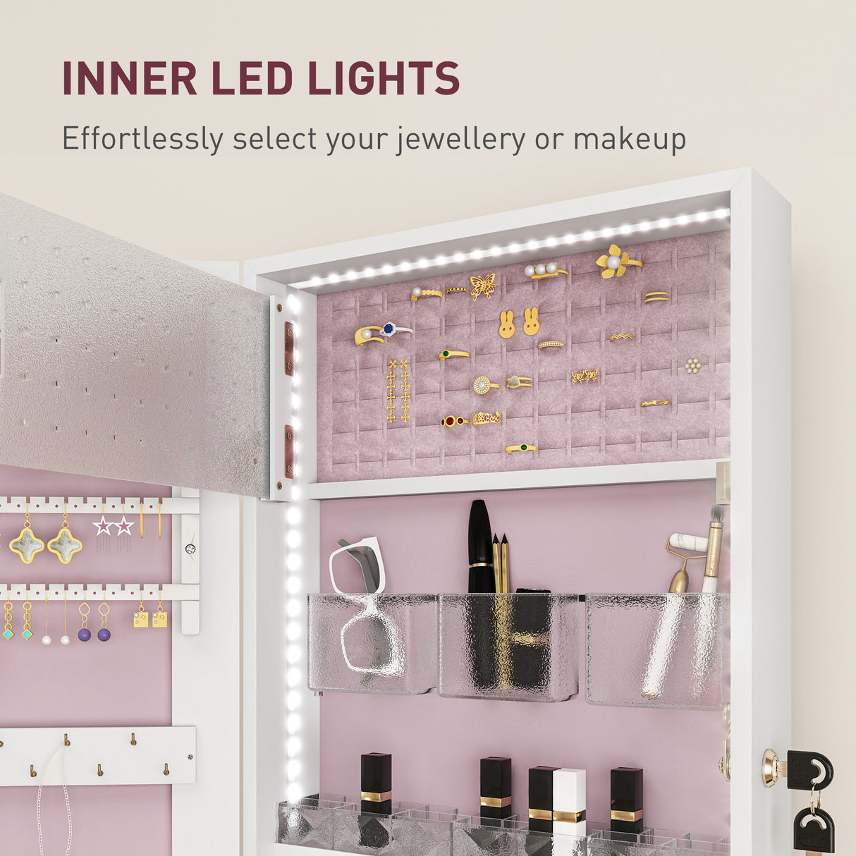 Mirrored Jewellery Storage Cabinet 37cm Wide Wall Mounted With LED Lights - Velmora