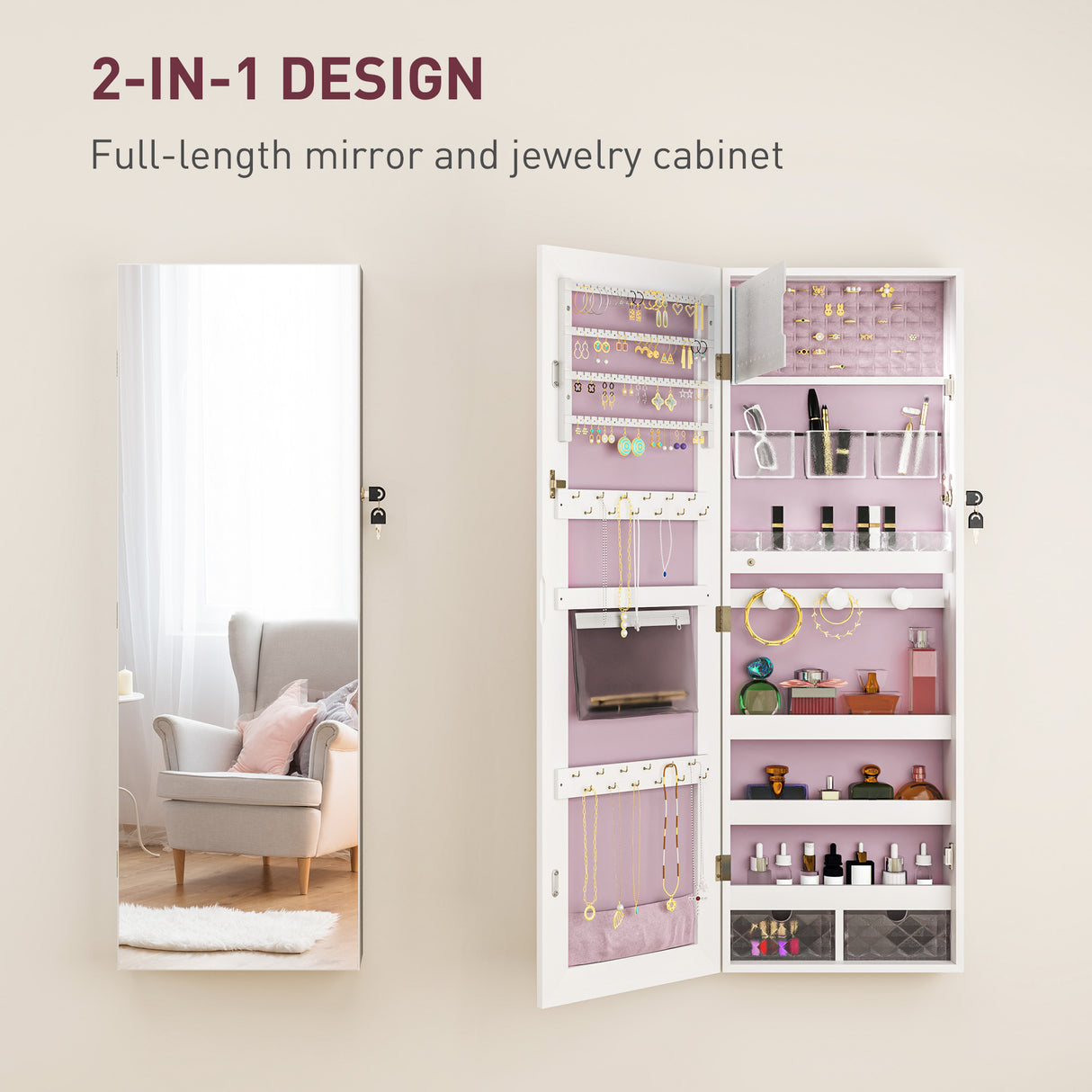 Mirrored Jewellery Storage Cabinet 37cm Wide Wall Mounted With LED Lights - Velmora