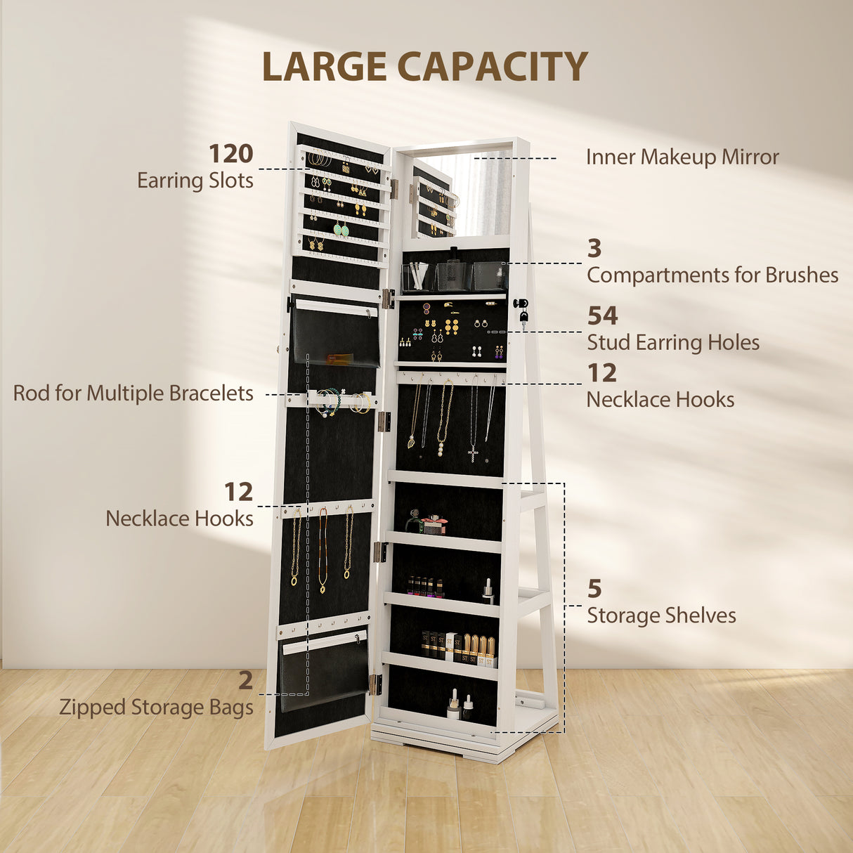 Mirrored Jewellery Storage Cabinet 38cm Wide - Velmora