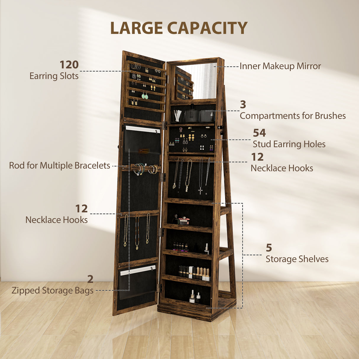 Mirrored Jewellery Storage Cabinet 38cm Wide - Velmora