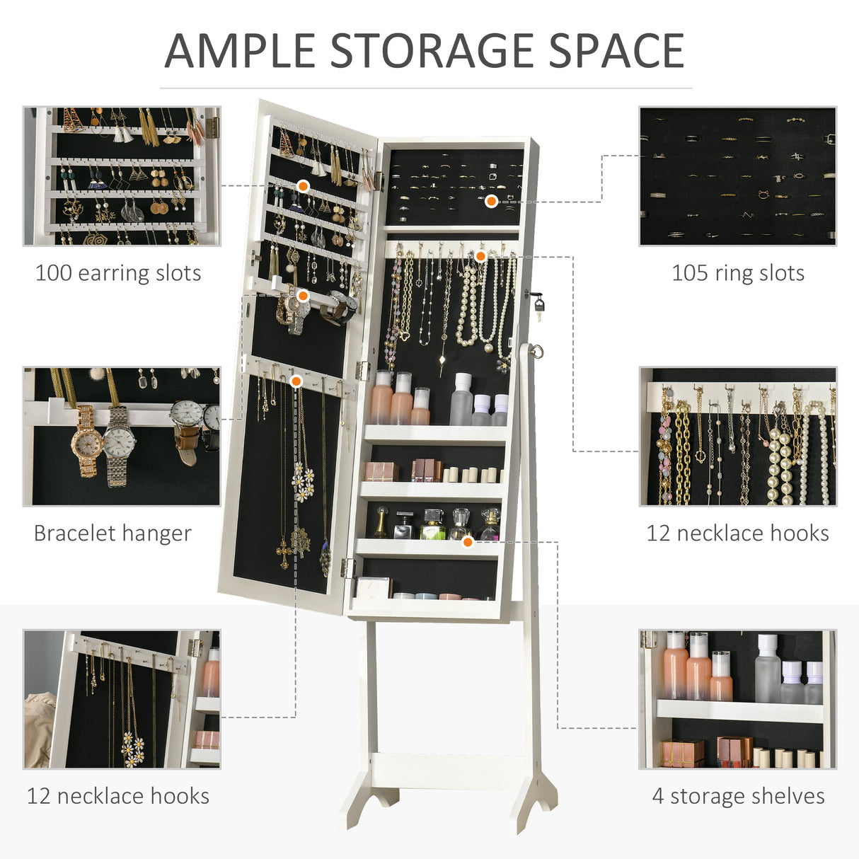 Mirrored Jewellery Storage Cabinet 46cm Wide - Velmora