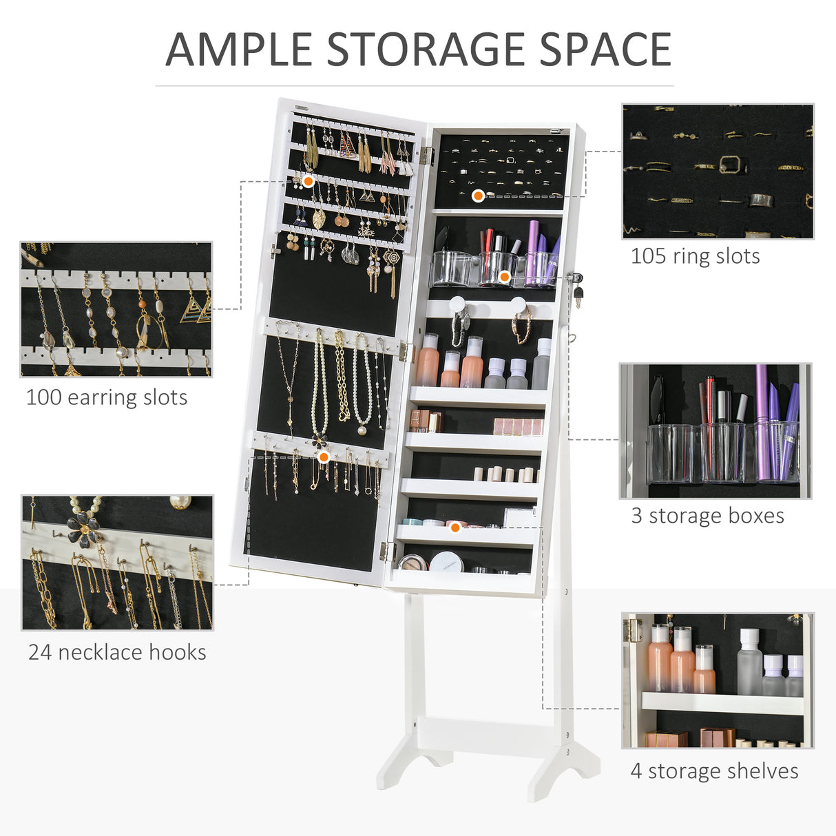 Mirrored Jewellery Storage Cabinet 46cm Wide With LED Lights - Velmora