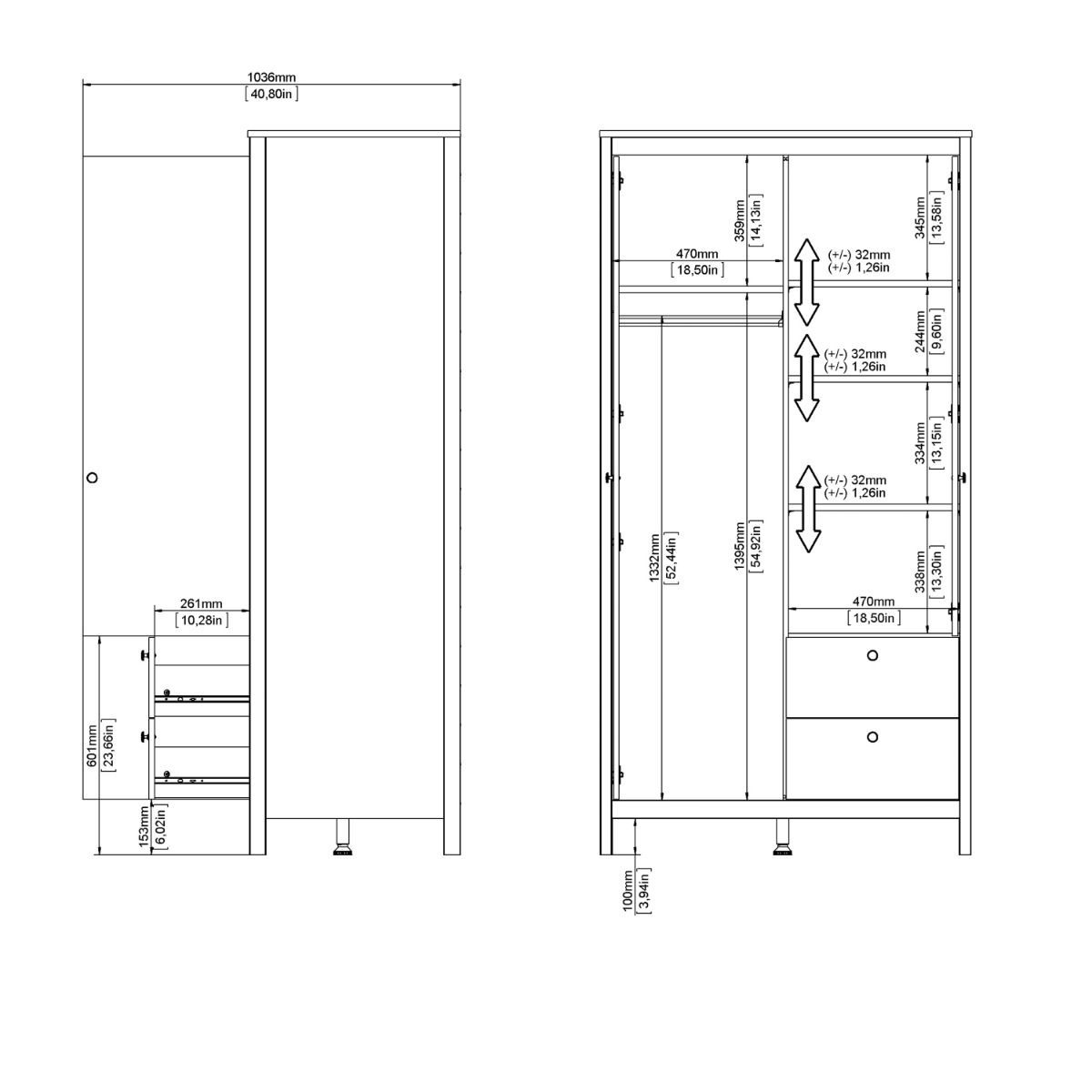 Mirrored Wardrobe With 2 Doors And 2 Drawers - Barcelona