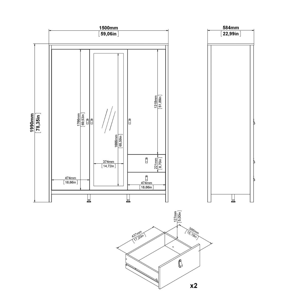 Mirrored Wardrobe With 3 Doors And 2 Drawers - Barcelona