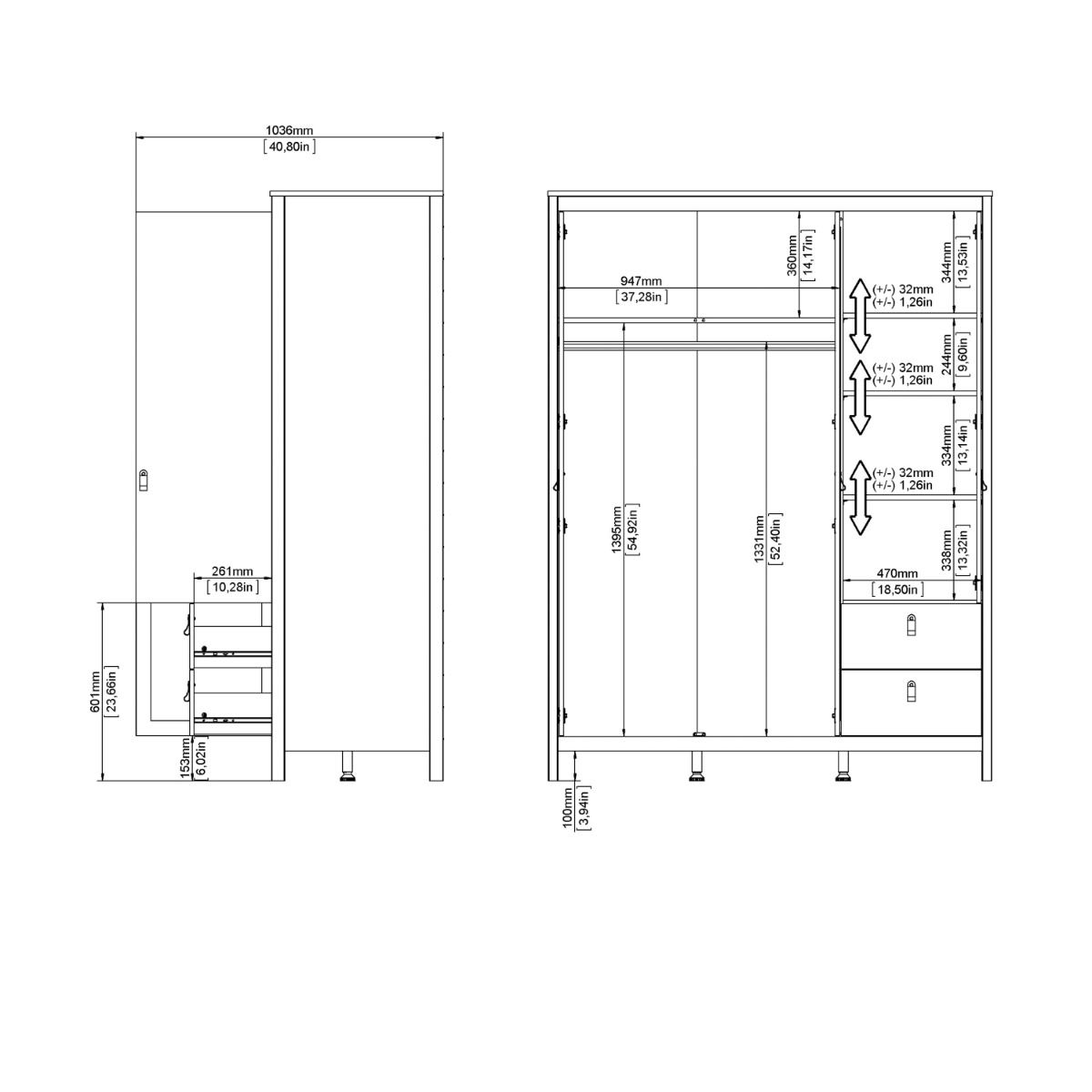 Mirrored Wardrobe With 3 Doors And 2 Drawers - Barcelona