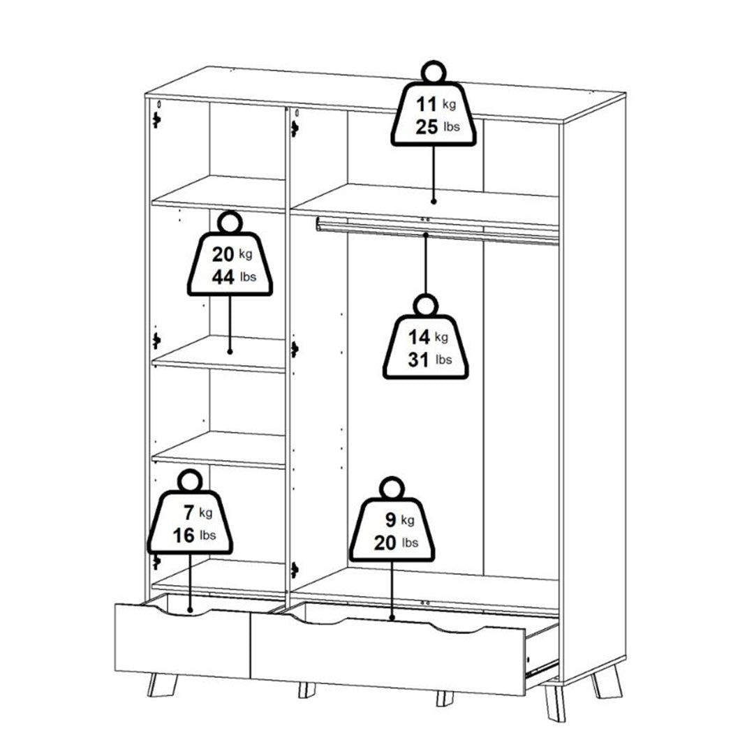 Mirrored Wardrobe With 3 Doors And 2 Drawers In White Fronts - Ikast