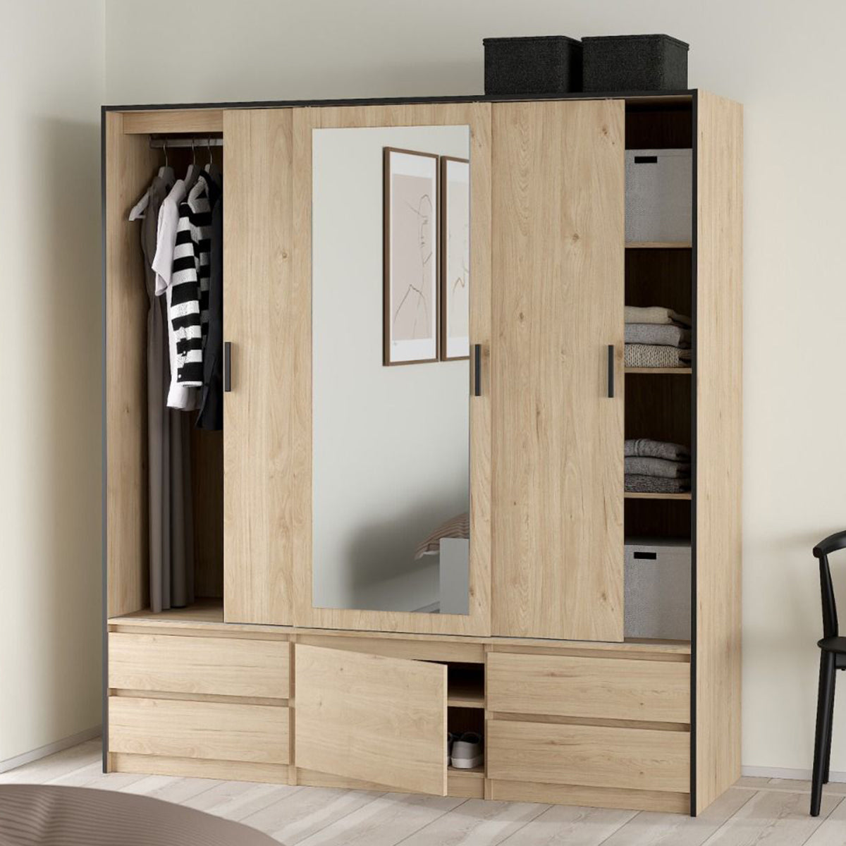 Mirrored Wardrobe With 3 Sliding Doors And 4 Drawers - Line