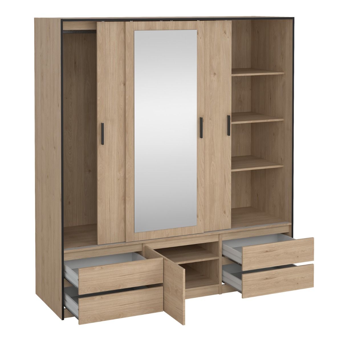 Mirrored Wardrobe With 3 Sliding Doors And 4 Drawers - Line