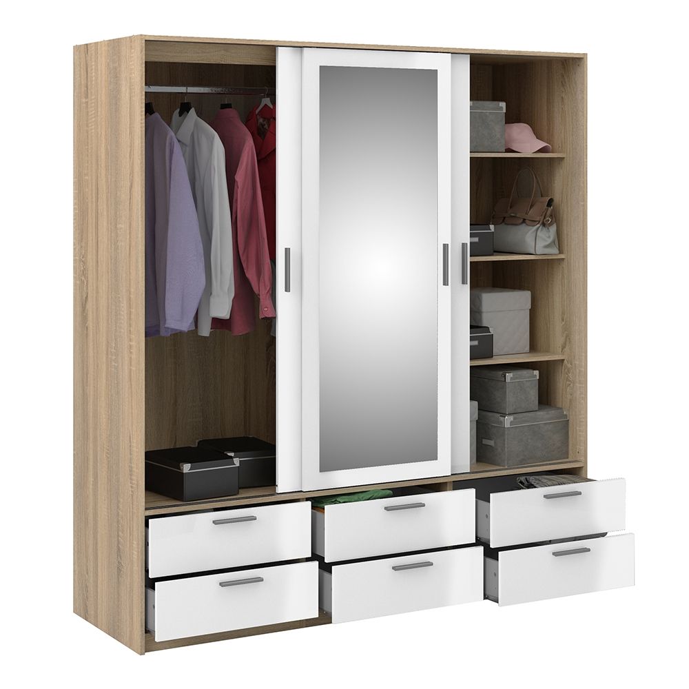 Mirrored Wardrobe With 3 Sliding Doors And 6 Drawers - Line