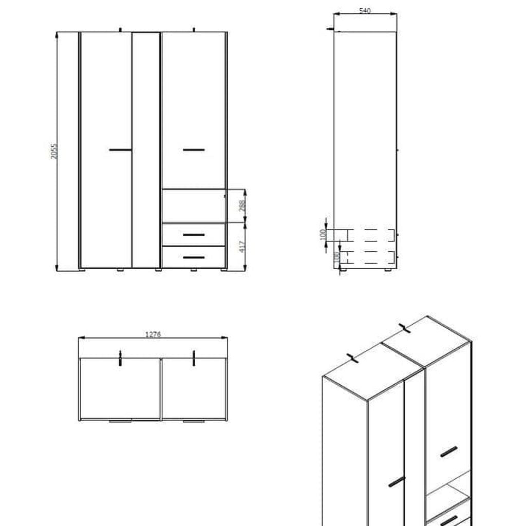Mirrored Wardrobe With 3 Doors And 2 Drawers - Lima