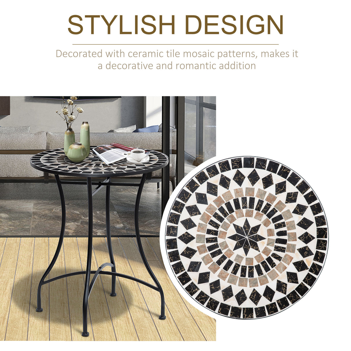 Mosaic Ceramic Top Outdoor Garden Patio Side Table Round - Velmora