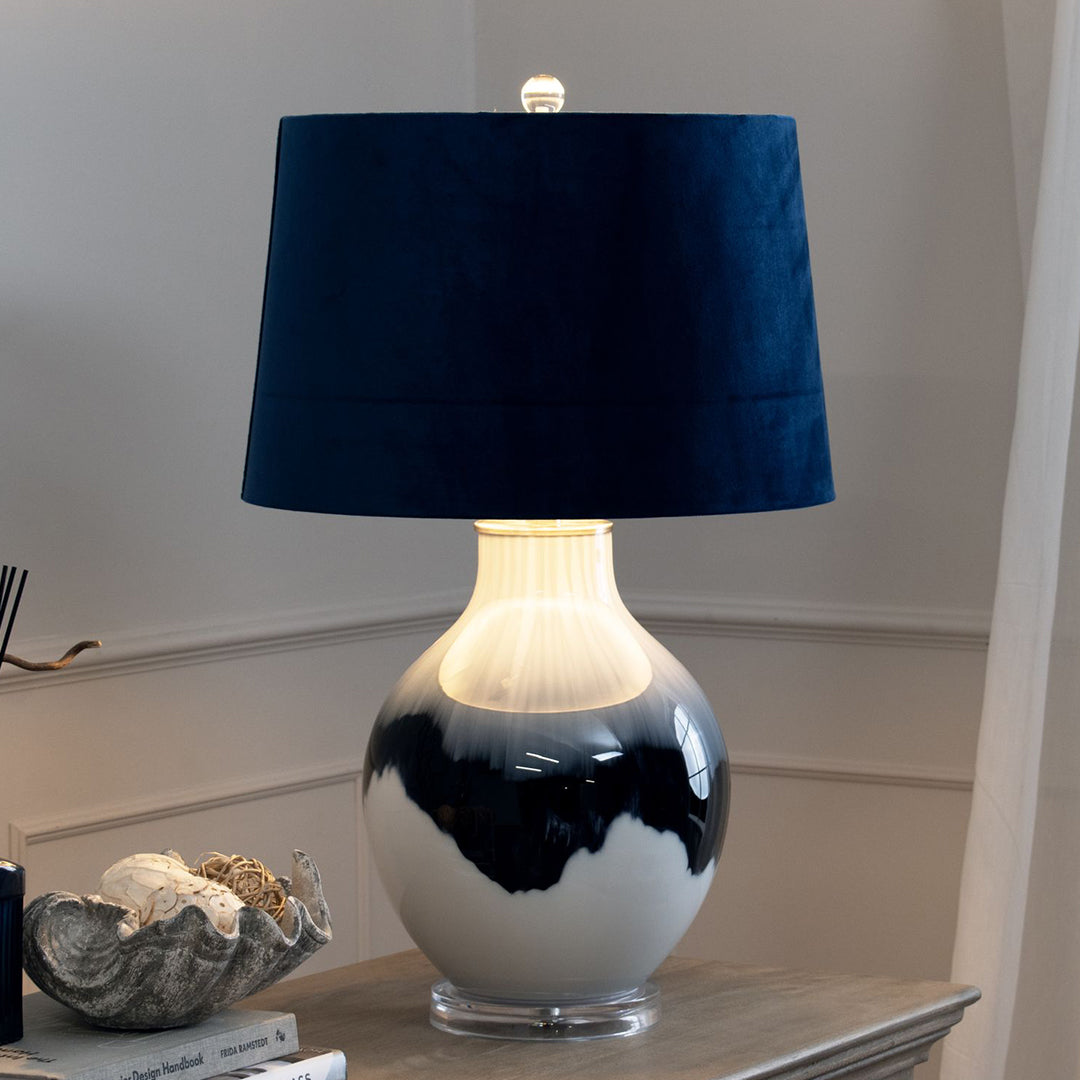 Navy Blue Velvet Shade Table Lamp With Blue and White Shadows Glass Base - Ice