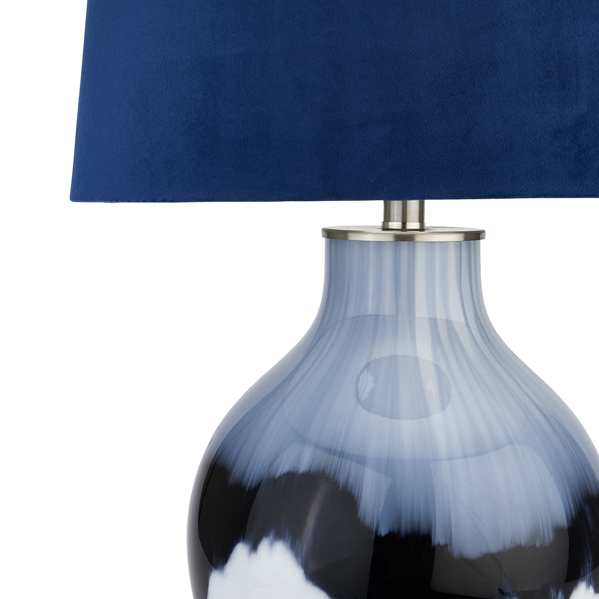 Navy Blue Velvet Shade Table Lamp With Blue and White Shadows Glass Base - Ice