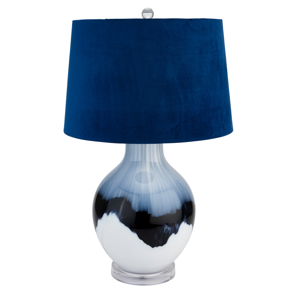 Navy Blue Velvet Shade Table Lamp With Blue and White Shadows Glass Base - Ice