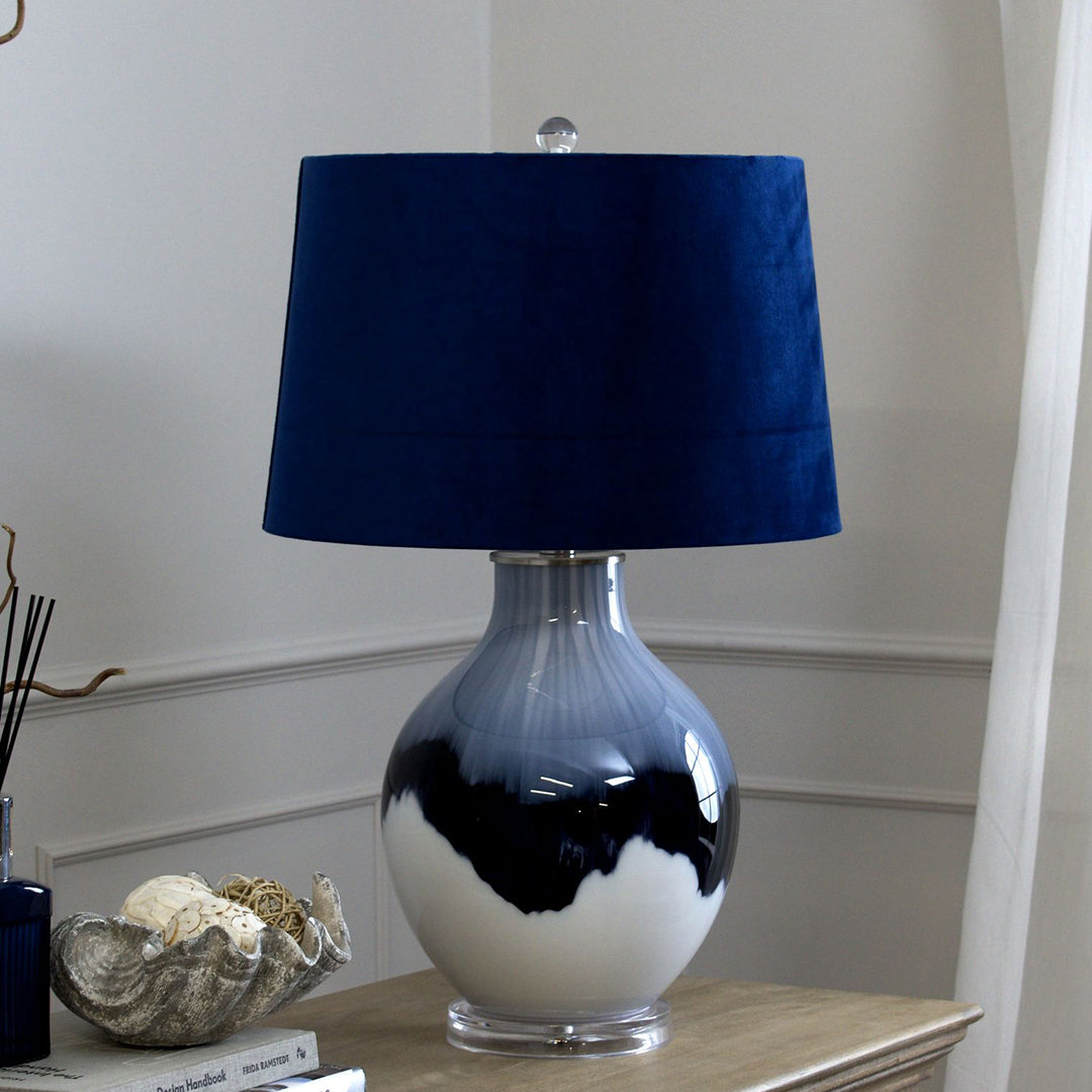 Navy Blue Velvet Shade Table Lamp With Blue and White Shadows Glass Base - Ice