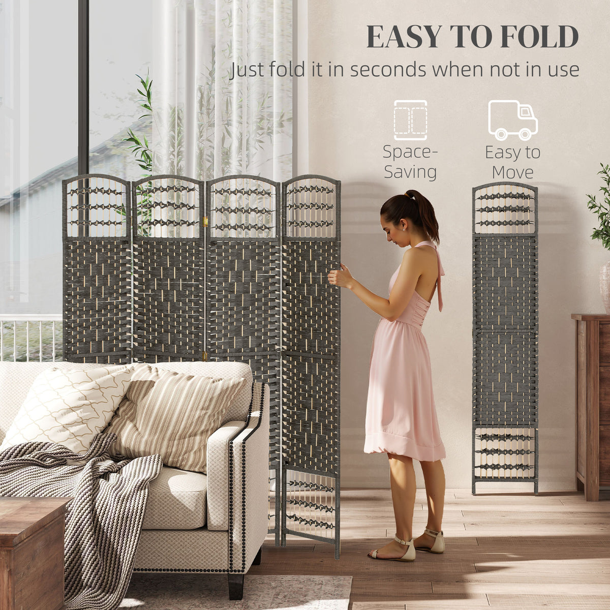 Paper Rope 4 Panel Folding Room Divider 160cm Wide - Velmora