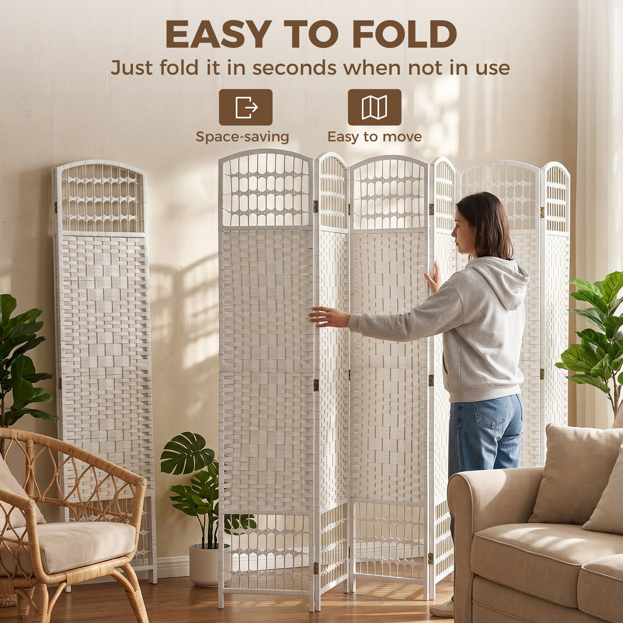 Paper Rope 6 Panel Folding Room Divider 240cm Wide - Velmora