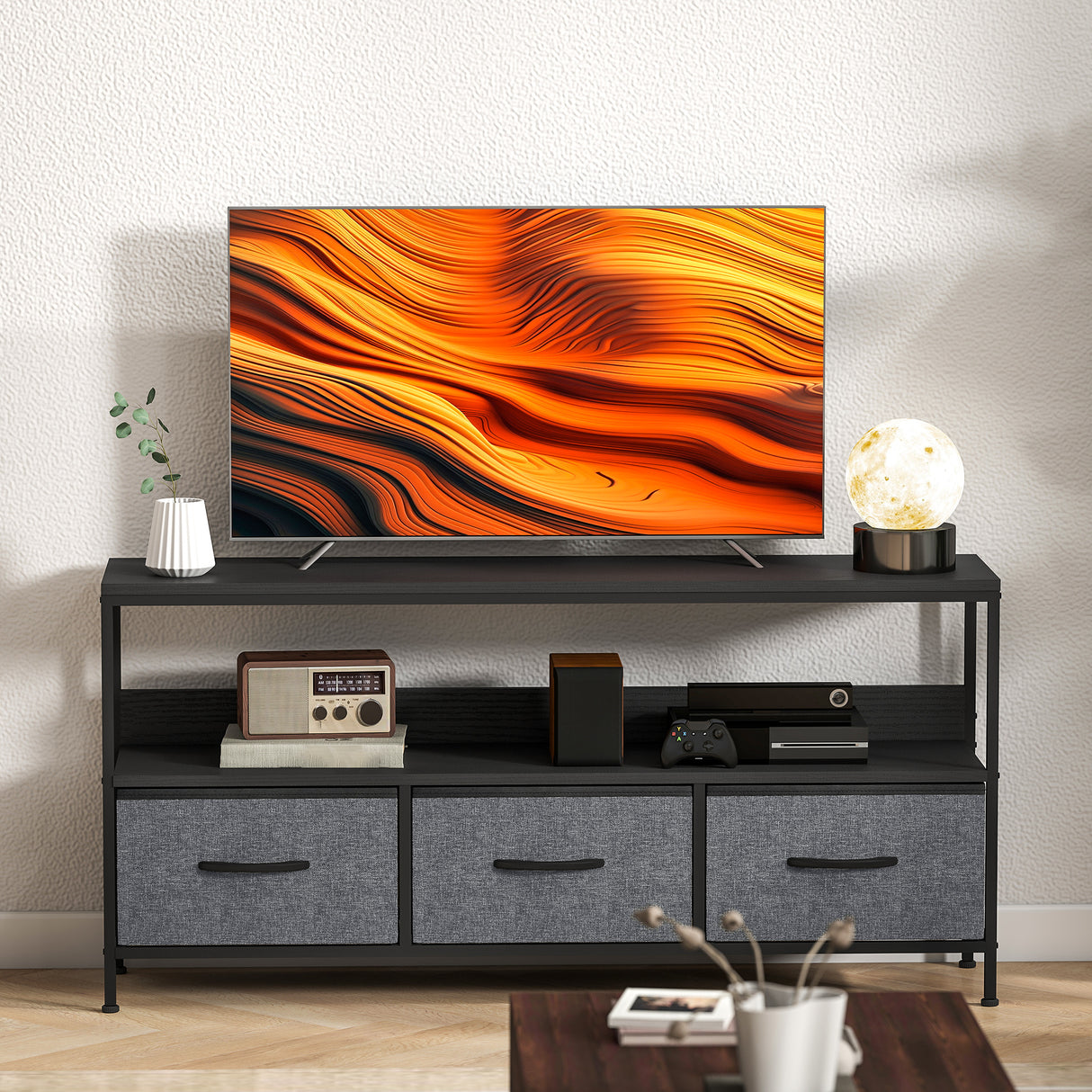 Particle Board TV Stand 120cm Wide With 3 Foldable Drawers - Velmora