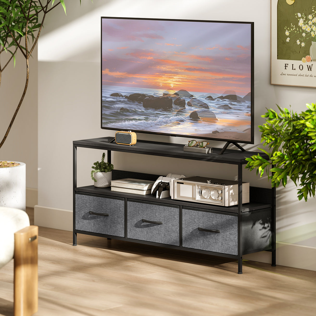 Particle Board TV Stand 120cm Wide With 3 Foldable Drawers - Velmora