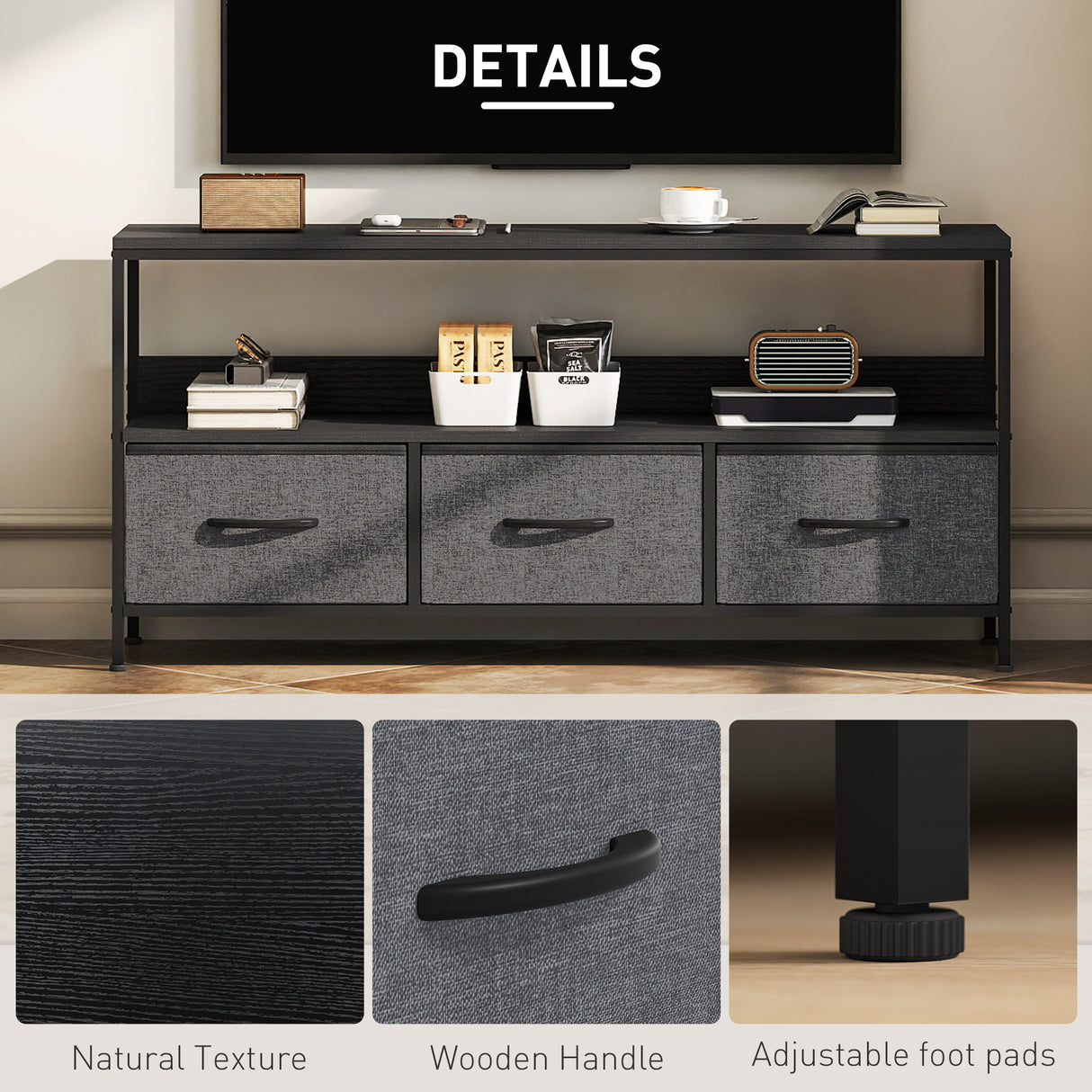 Particle Board TV Stand 120cm Wide With 3 Foldable Drawers - Velmora