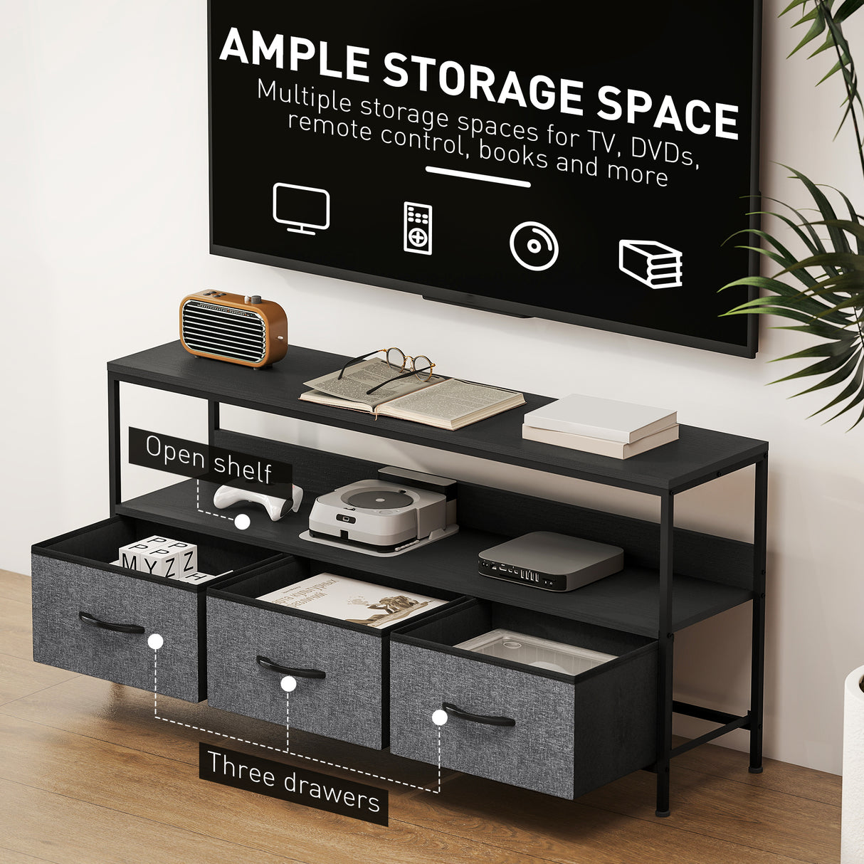 Particle Board TV Stand 120cm Wide With 3 Foldable Drawers - Velmora