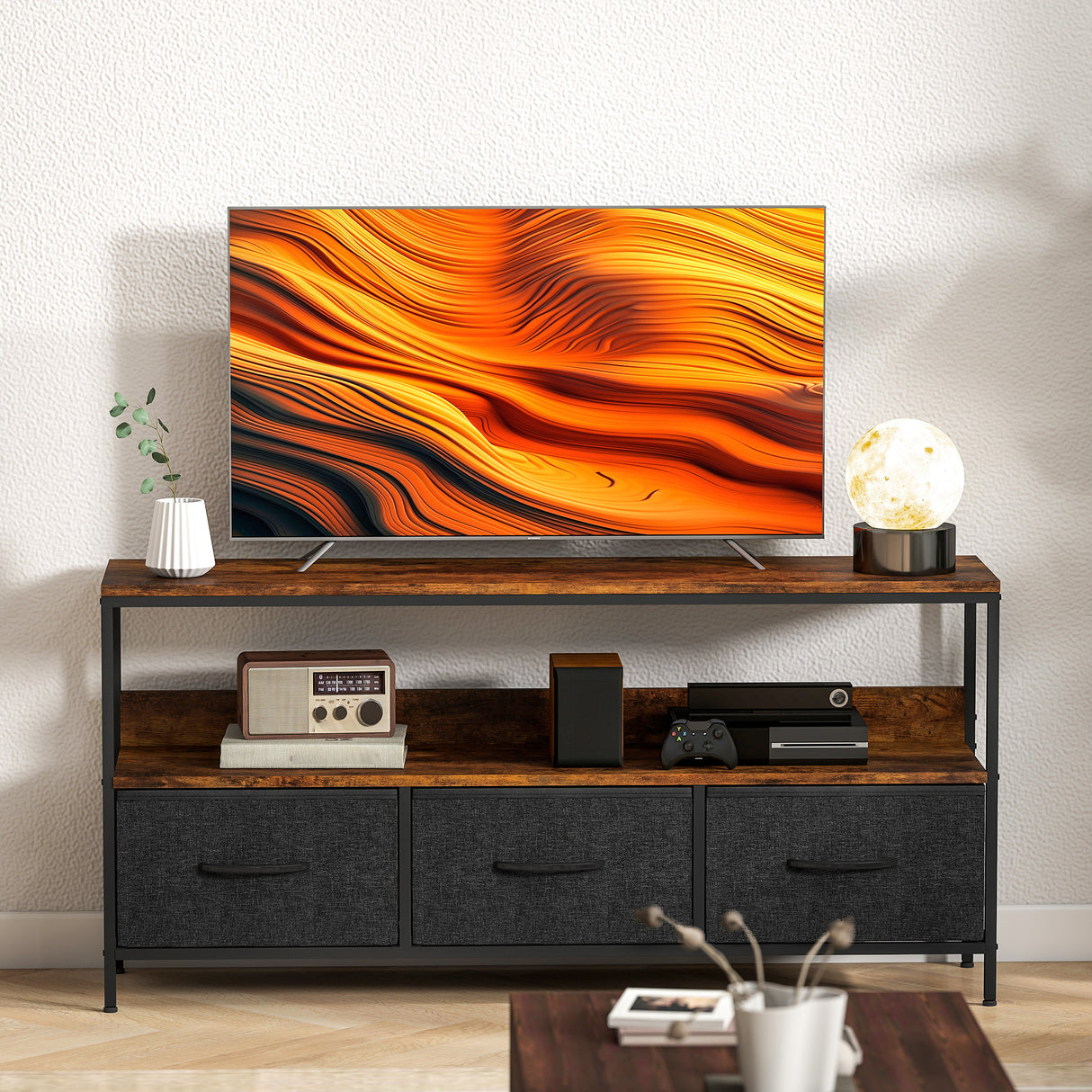 Particle Board TV Stand 120cm Wide With 3 Foldable Drawers - Velmora