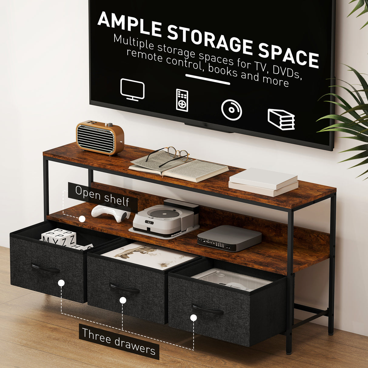 Particle Board TV Stand 120cm Wide With 3 Foldable Drawers - Velmora