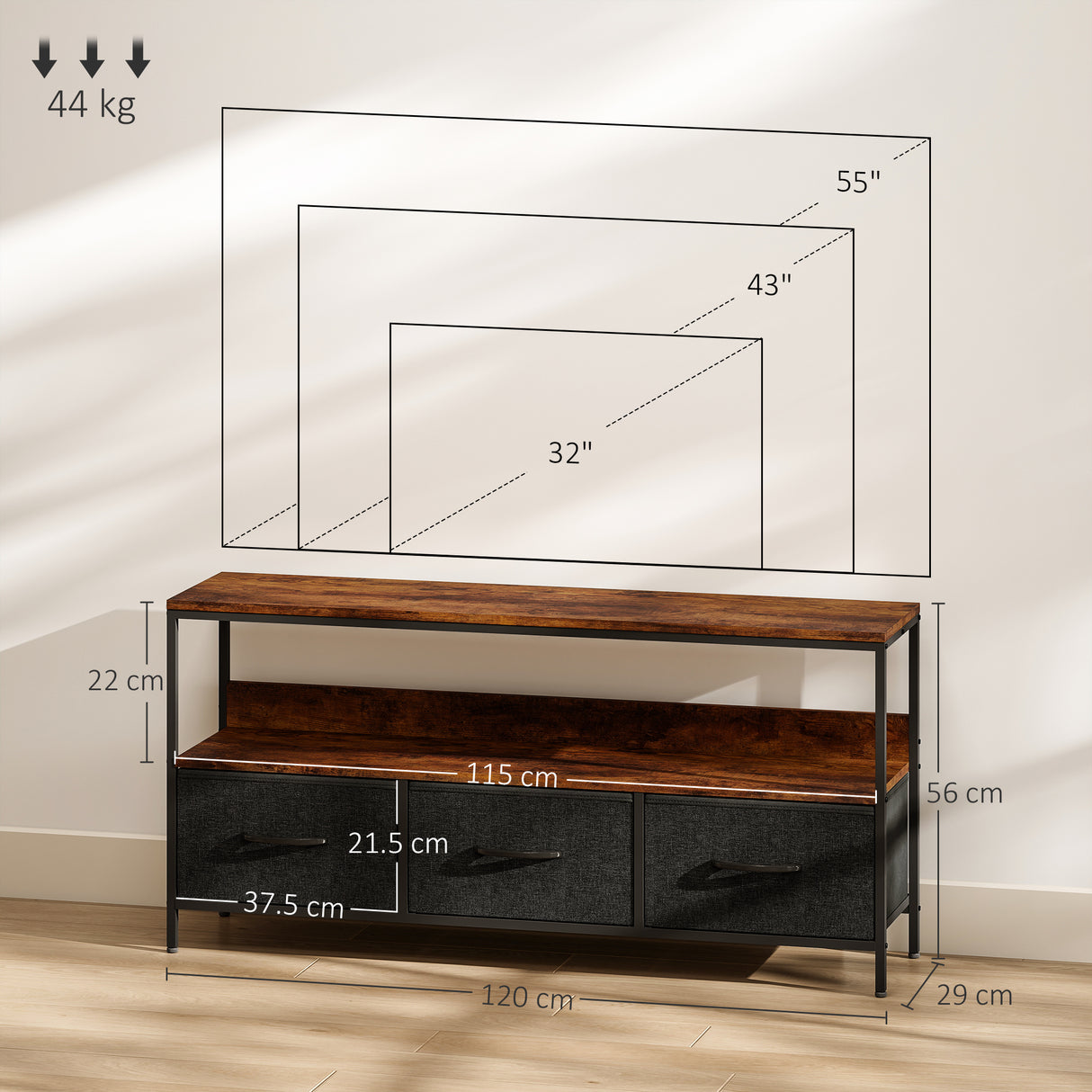 Particle Board TV Stand 120cm Wide With 3 Foldable Drawers - Velmora