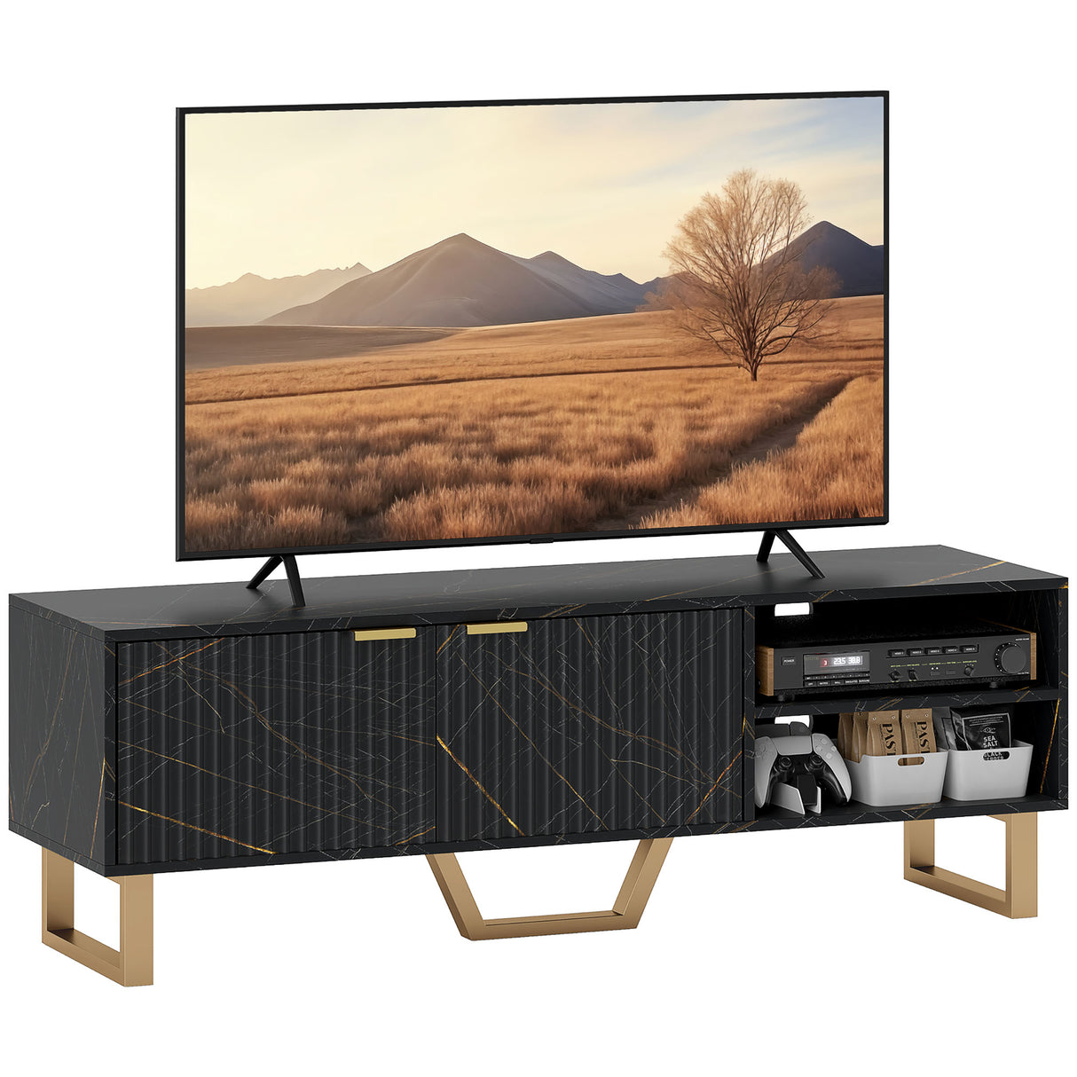 Particle Board TV Stand 140cm Wide With 2 Doors And Gold Legs - Velmora