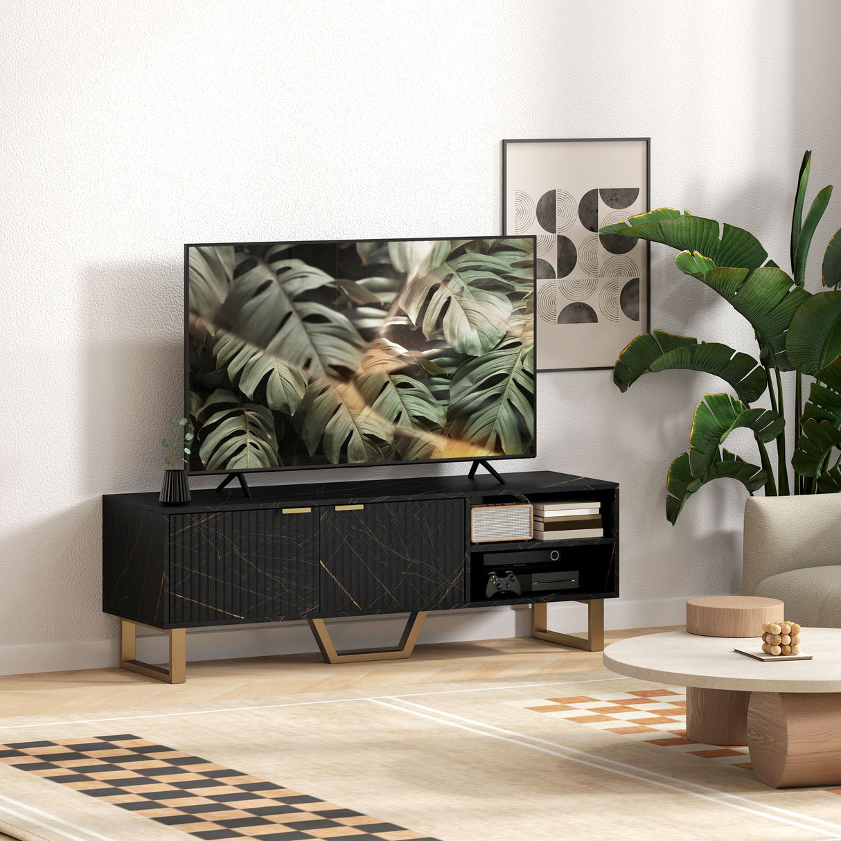 Particle Board TV Stand 140cm Wide With 2 Doors And Gold Legs - Velmora