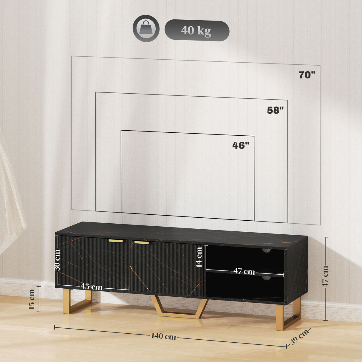 Particle Board TV Stand 140cm Wide With 2 Doors And Gold Legs - Velmora