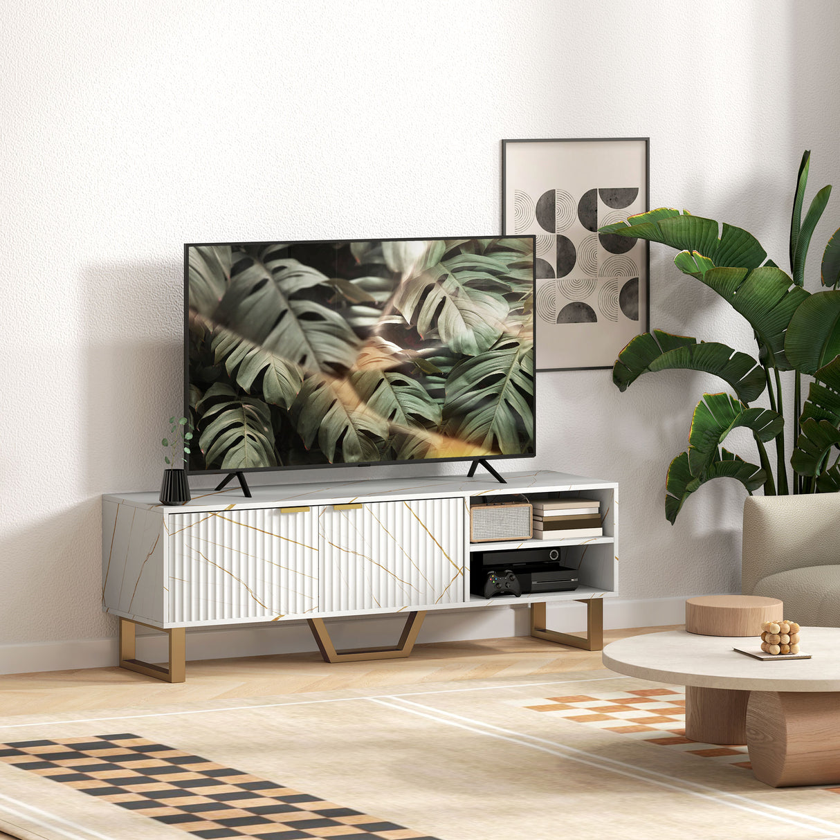 Particle Board TV Stand 140cm Wide With 2 Doors And Gold Legs - Velmora